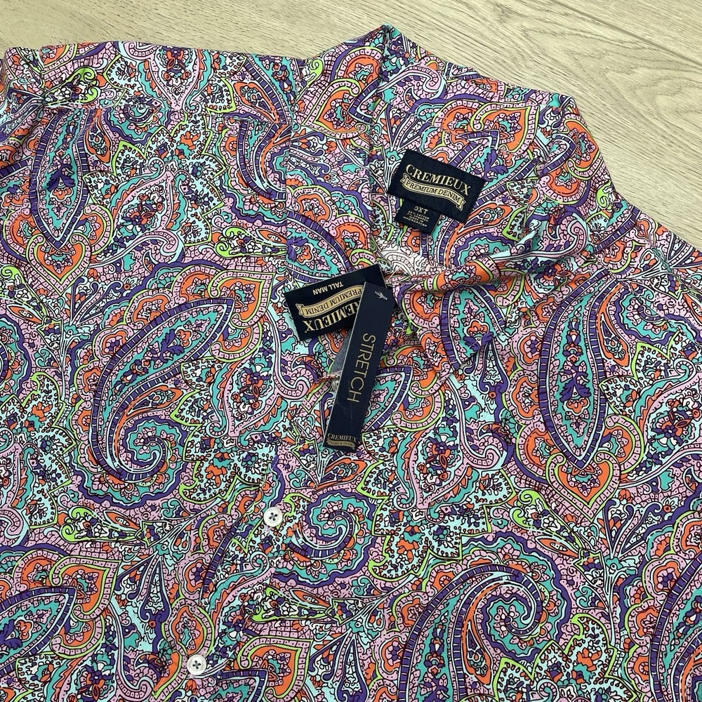 Cremieux Shirt Mens 3XLT Tall Purple Blue Paisley Short Sleeve Button Up New